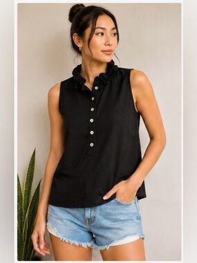 Tommy Hilfiger Black Swiss Dot Ruffle Neck Sleeveless Blouse S